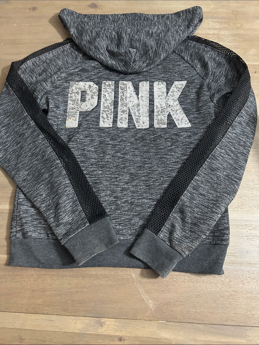 PINK Victoria's Secret Gray Crew Neck Hoodie with Black Mesh Accents